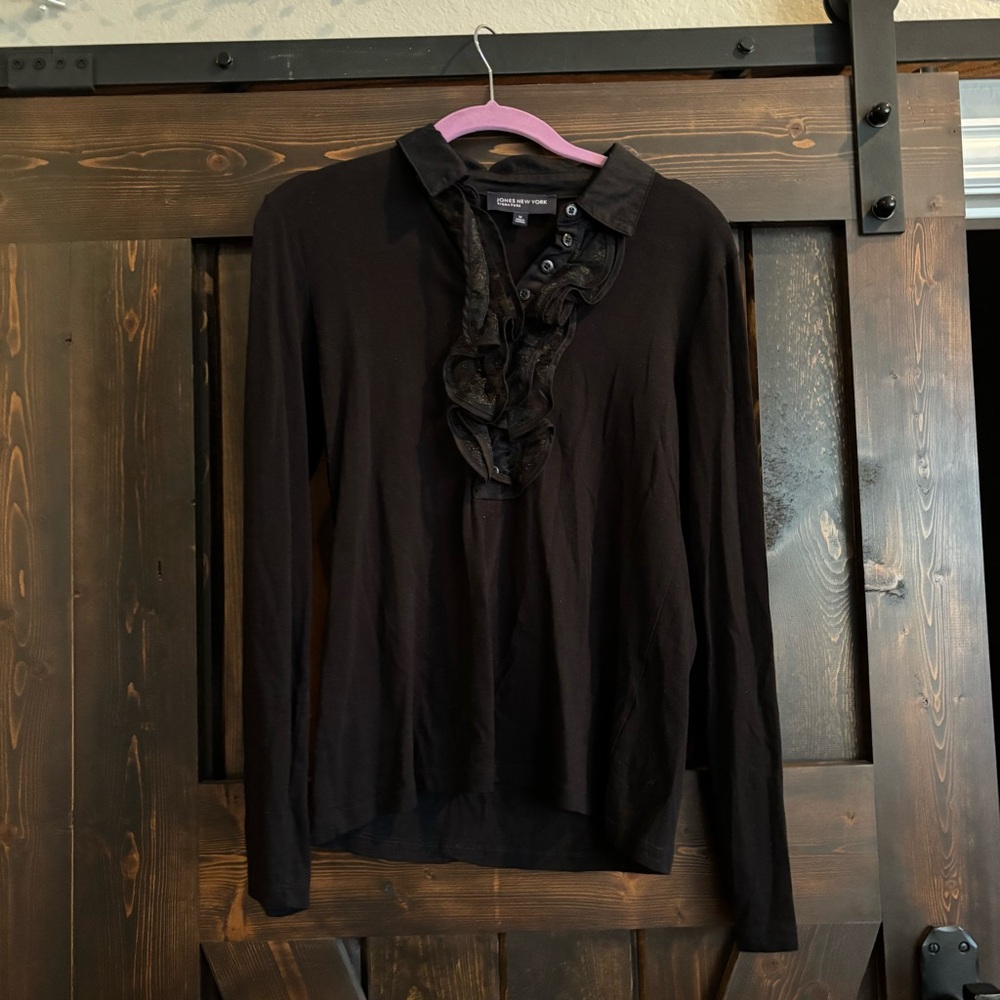Jones New York Black Ruffled Collar Long Sleeve Blouse Medium